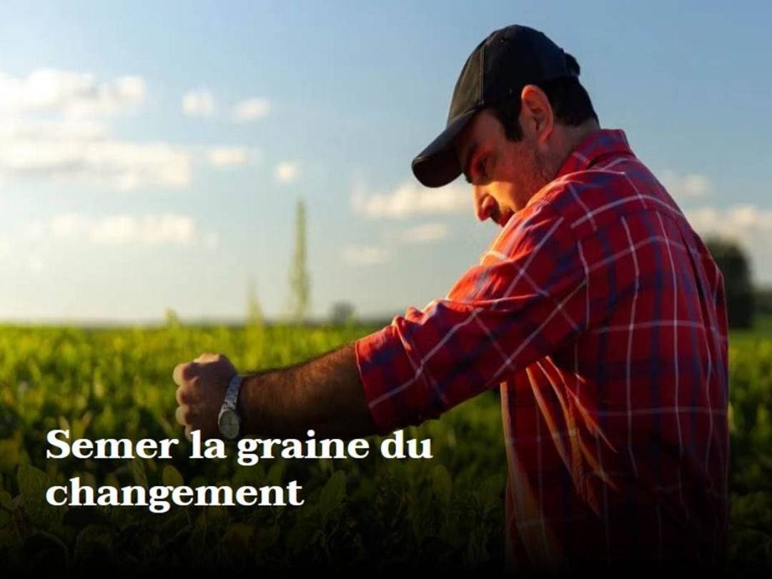 A person in a red plaid shirt gestures towards a lush green field under a blue sky, symbolizing change and growth