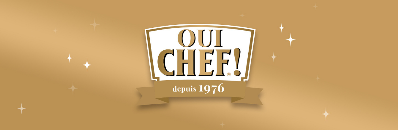 Logo of "OUI CHEF!" with a golden background, featuring the text "depuis 1976" and decorative sparkles.