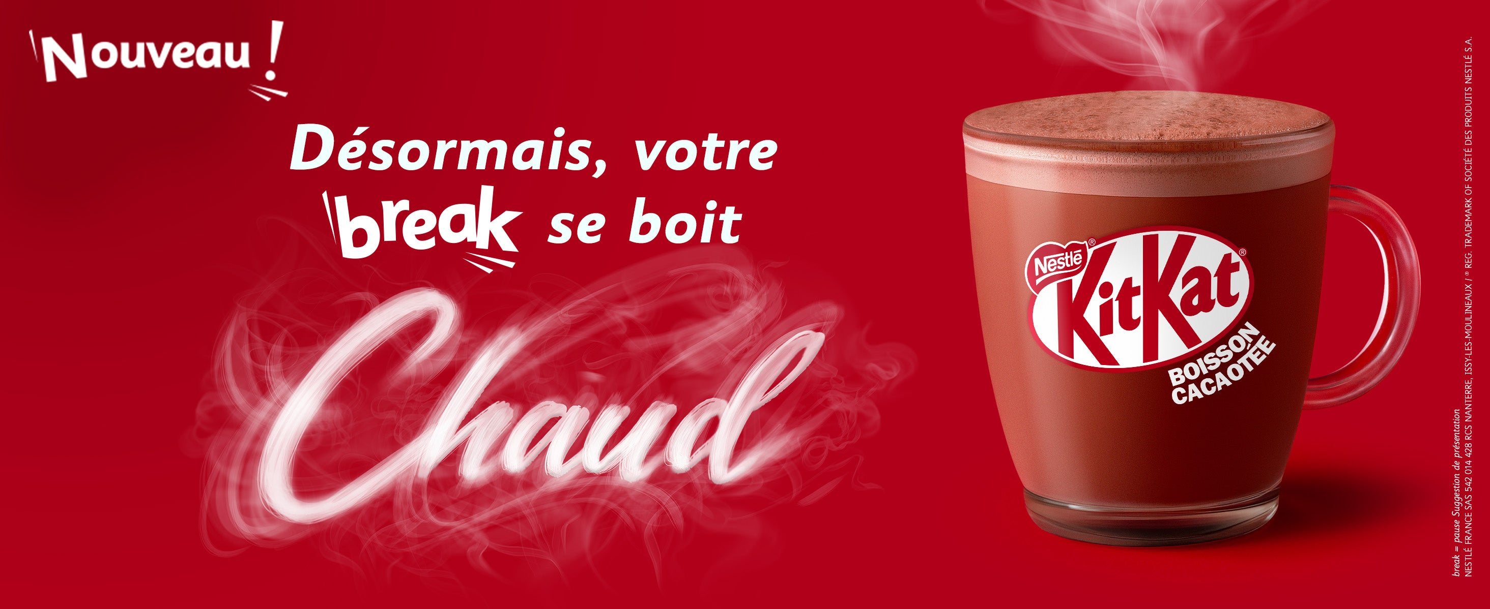 A steaming mug of Kit Kat hot chocolate, with promotional text in French, set against a vibrant red background.