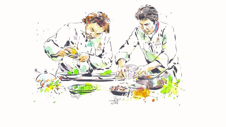 un-dessin-de-deux-chefs-preparant-des-plats