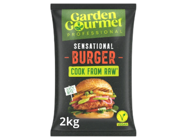 Sachet Garden Gourmet de burgers végétaux, 2 kg, noir et vert, burger coloré.