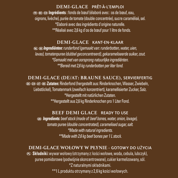 CHEF Demi-Glace Naturelle - Brique de 1L Ingrédients