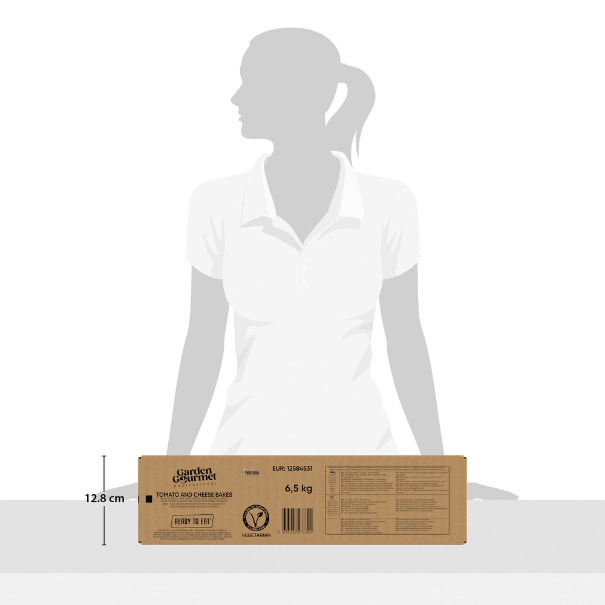 A person in a white polo shirt stands behind a brown box of Garden Gourmet tomato and cheese bakes, weighing 6.5 kg
