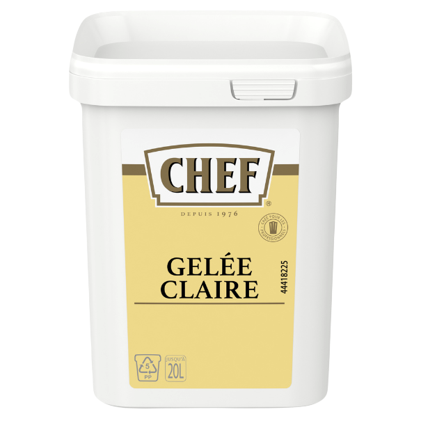A 20-liter white container labeled "CHEF Gelée Claire," featuring a yellow design and the brand's logo, established in 1976