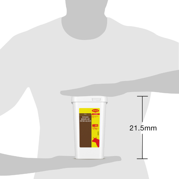A white container with a yellow label, depicting a cartoon cow, holding 121g of brown ice cream mix, surrounded by a gray out