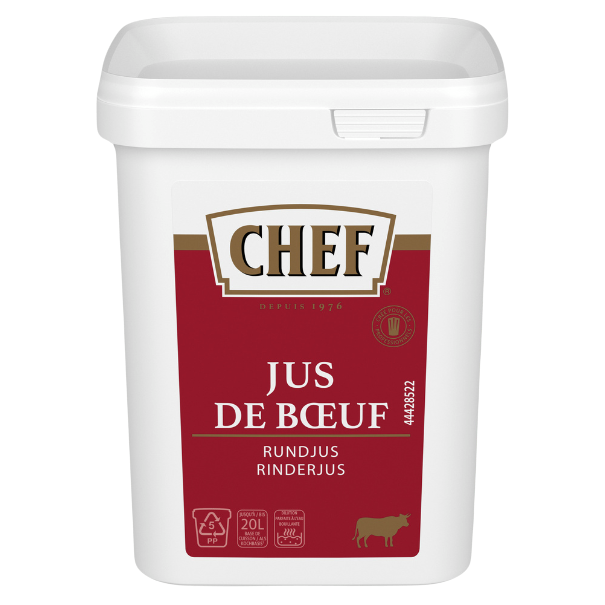 Container of beef jus labeled "Jus de Bœuf" by Chef, holding 20 liters, with a red and white design