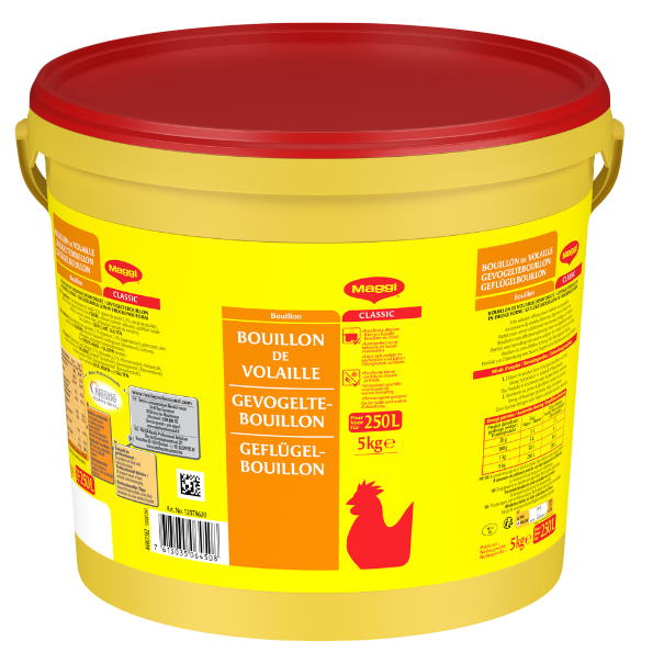 Yellow plastic bucket of Maggi chicken bouillon, 5 kg, featuring multilingual labels and a red lid, ideal for cooking needs.