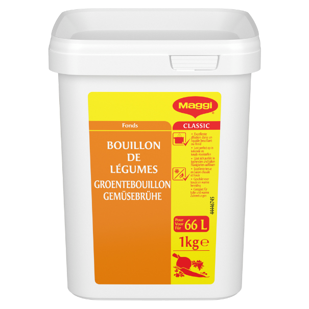 Maggi vegetable broth powder container, 1kg, labeled in French and Dutch for making 66 liters of broth. Classic recipe base