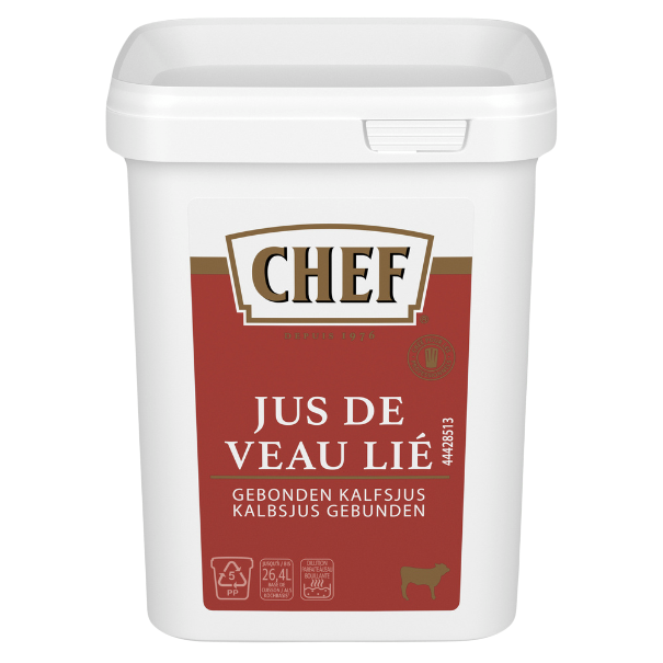 White container labeled "Jus de Veau Lié" from CHEF, featuring calf stock details in Dutch and French, with a cow icon