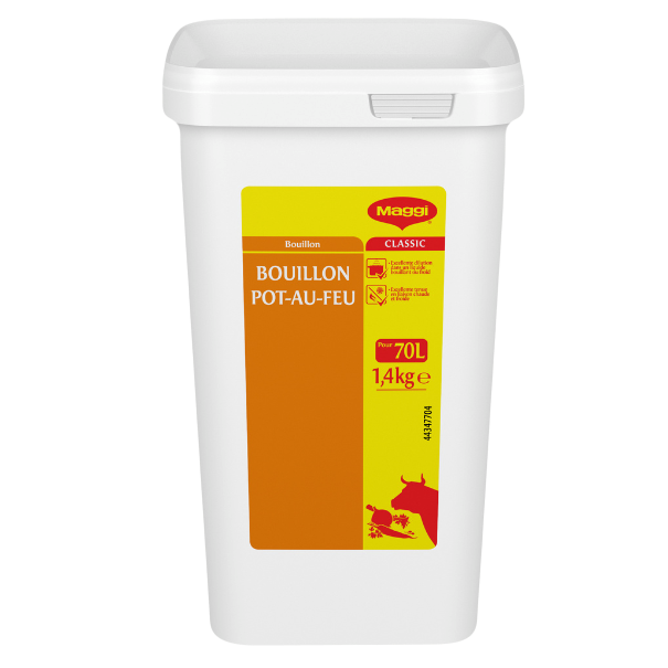 White container of Maggi Classic Bouillon Pot-au-feu, 1.4kg, suitable for 70L of broth, featuring a vibrant yellow and orange