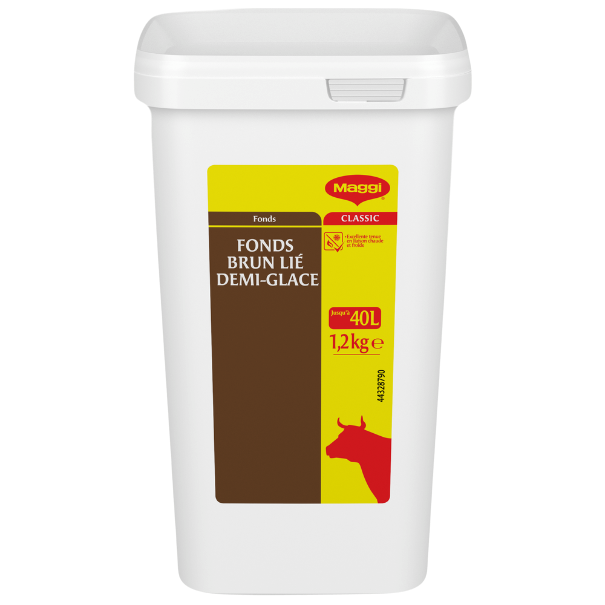 White container of Maggi Classic demi-glace sauce, labeled "Fonds Brun Lié," weighing 1.2 kg and yielding up to 40 liters