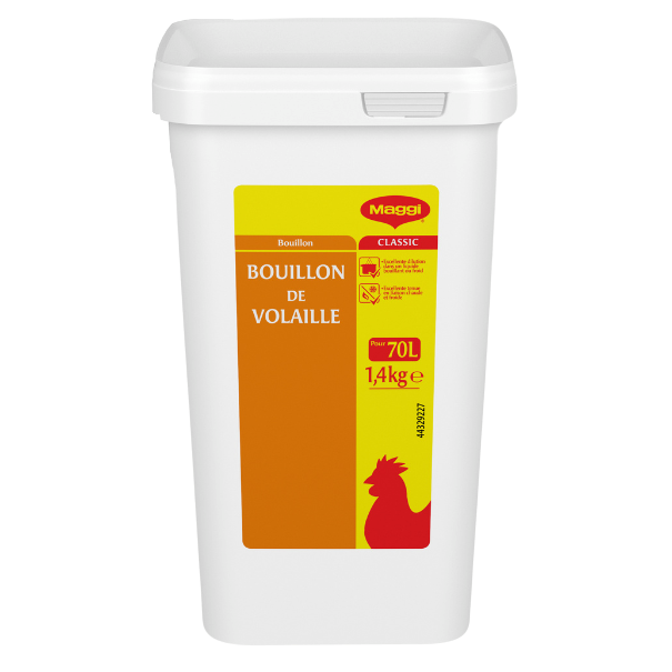 White container of Maggi chicken bouillon, labeled "Bouillon de Volaille," 1.4kg, makes 70 liters of broth