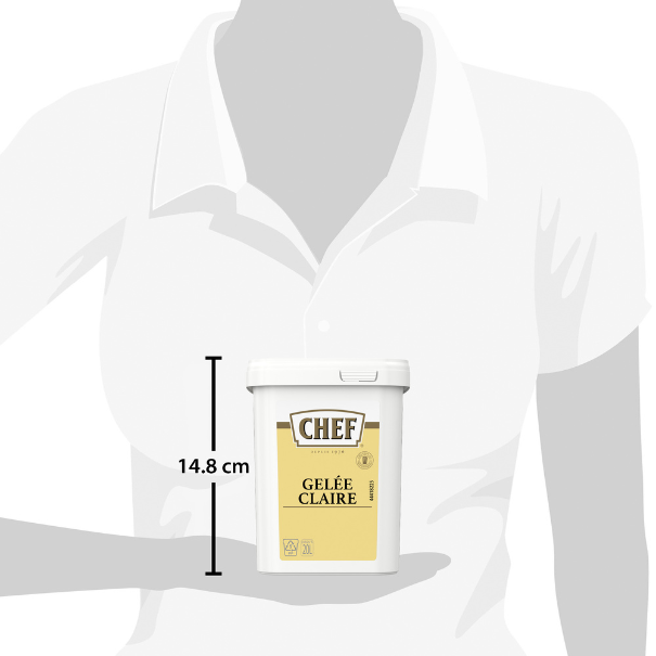 A woman holding a 14.8 cm tall tub of Chef Gelée Claire, with a simple white polo shirt in the background.