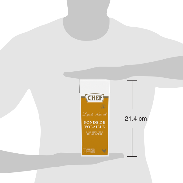 A person holds a 1L carton of natural chicken broth labeled "CHEF" with a height of 21.4 cm, set against a plain background