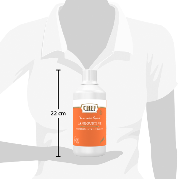 A 22 cm bottle of Chef Langoustine liquid seasoning stands against a neutral background, showcasing its vibrant orange label.
