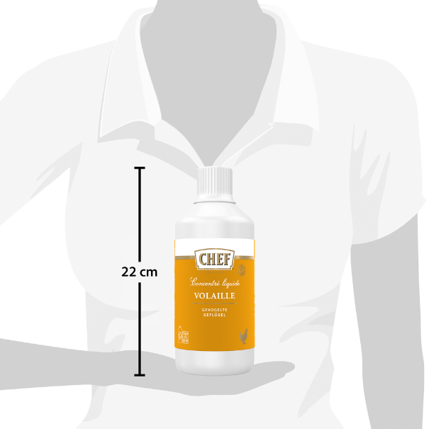 A 22 cm tall bottle of Chef liquid chicken concentrate with an orange label, displayed against a simplified human silhouette