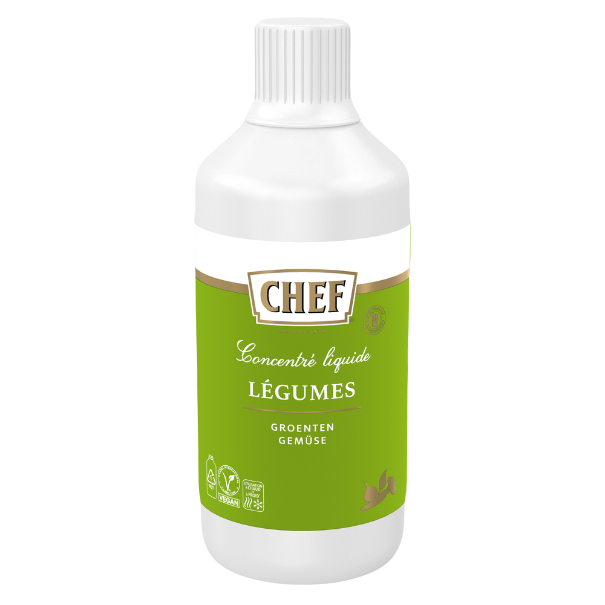 A green and white bottle labeled "CHEF Concentré liquide Légumes," featuring vegetable broth concentrate for cooking