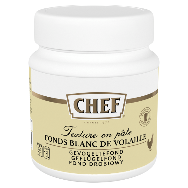 A white jar of CHEF brand poultry stock paste, featuring multilingual labels and a chicken icon