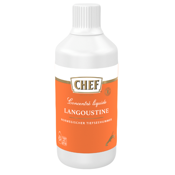 A 22 cm bottle of Chef Langoustine liquid seasoning stands against a neutral background, showcasing its vibrant orange label