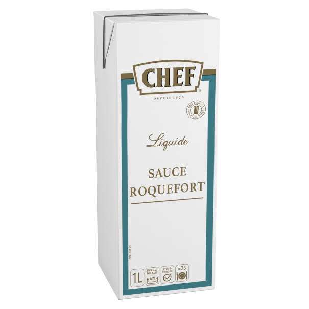 A 1-liter carton of Chef Roquefort sauce, labeled "Liquide" with a white and teal design, highlighting gourmet culinary use