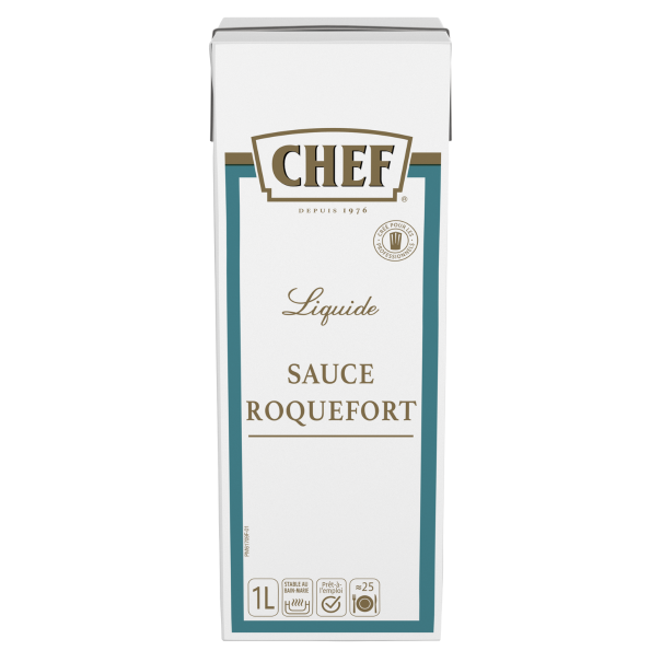 A 1-liter carton of Chef Roquefort sauce, labeled "Liquide" with a white and teal design, highlighting gourmet culinary use