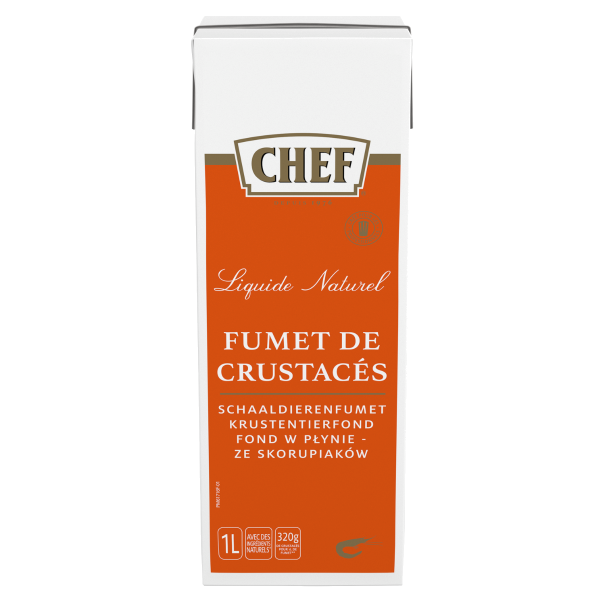 A carton of Chef brand liquid natural crustacean stock, labeled "FUMET DE CRUSTACÉS" with a vibrant orange design and cooking