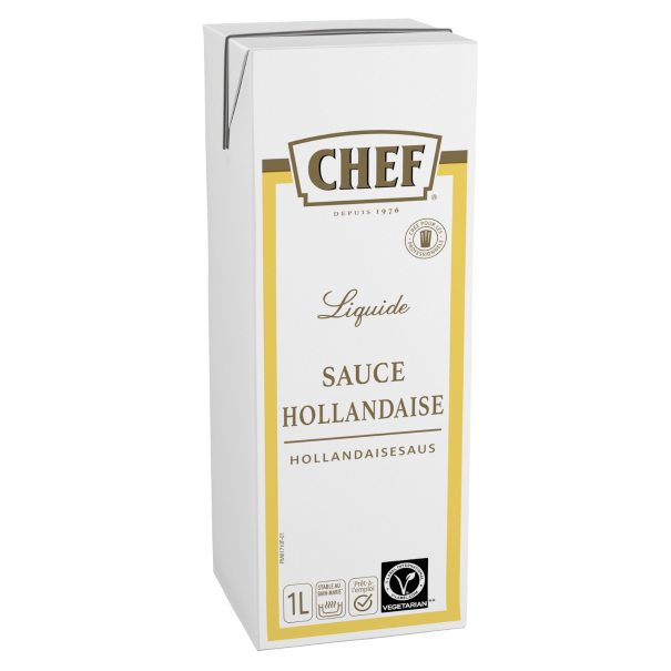 White carton of Chef brand liquid hollandaise sauce, 1 liter, labeled in French and English, featuring a vegetarian symbol