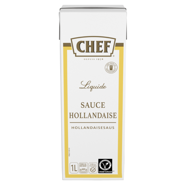 White carton of Chef brand liquid hollandaise sauce, 1 liter, labeled in French and English, featuring a vegetarian symbol