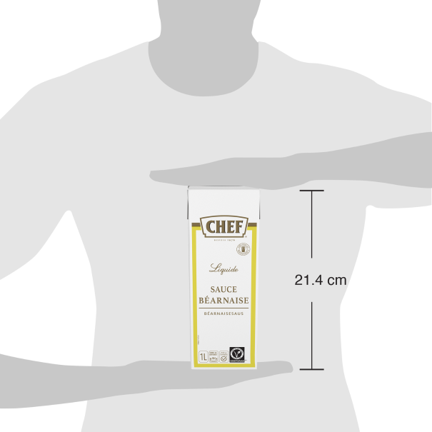 A hand holds a 1L carton of Chef Béarnaise sauce, illustrated with dimensions of 21.4 cm