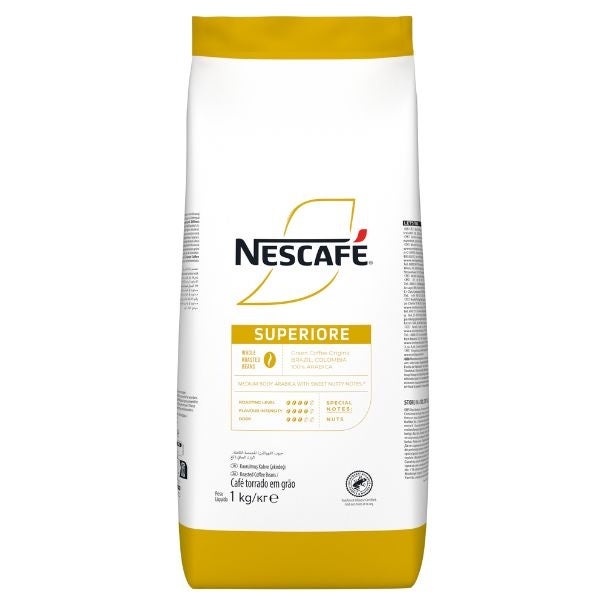 A 1 kg bag of NESCAFÉ Superiore coffee, featuring a white design with yellow accents and detailed product information.