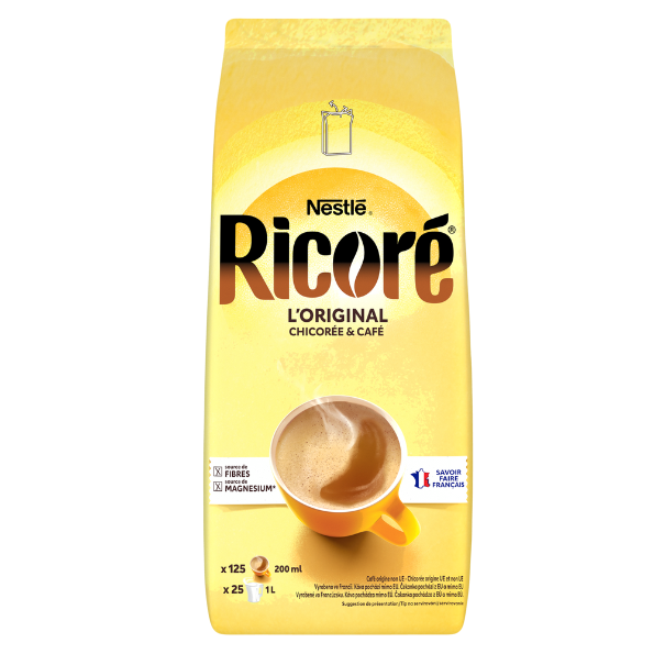 Nestlé Ricoré L’Original package featuring chicory and coffee, with a cup of coffee illustration and nutritional information 