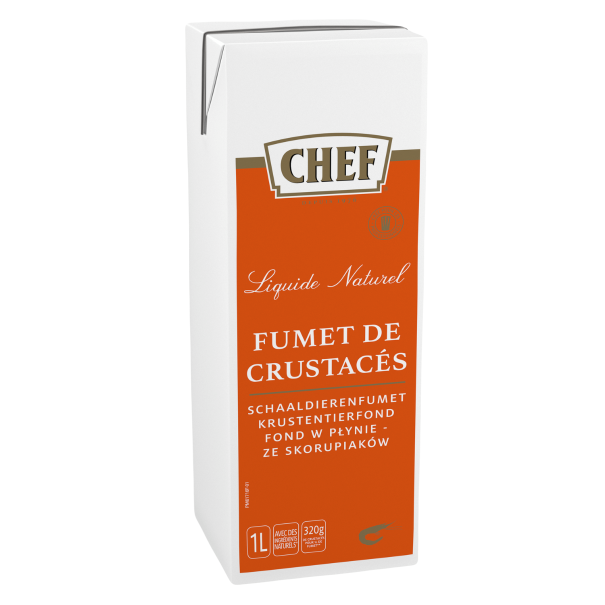 A rectangular carton labeled "CHEF Fumet de Crustacés," natural liquid shrimp stock, with a bright orange design
