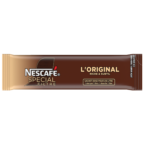 Nescafé Special Filtre coffee sachet, labeled "L'Original Riche & Subtil," designed for brewing one liter of coffee.