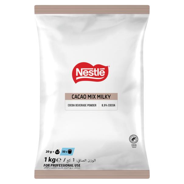Nestlé Cacao Mix Milky packaging, featuring cocoa beverage powder with 8.9% cocoa, 1 kg, for professional use