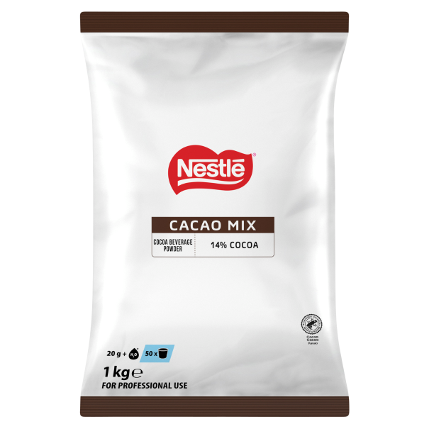 Nestlé Cacao Mix package, 1 kg, features cocoa beverage powder with 14% cocoa, designed for professional use