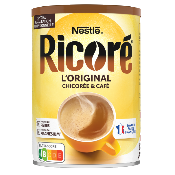 Nestlé Ricoré Original chicory and coffee powder canister, featuring a steaming cup of coffee on a bright yellow background
