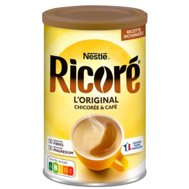 A cylindrical can of Nestlé Ricoré L'Original chicory and coffee, featuring a bright yellow design