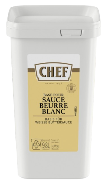 A white container labeled "CHEF Base Pour Sauce Beurre Blanc," indicating it's a base for white butter sauce.