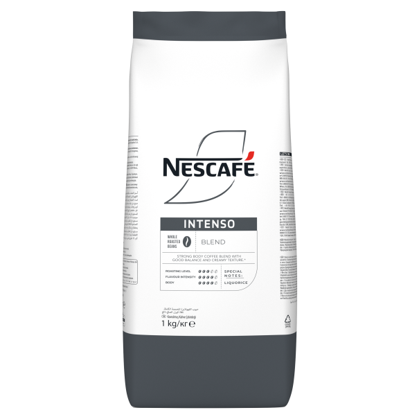 A 1 kg bag of Nescafé Intenso coffee, labeled as a strong blend with creamy texture and flavor notes