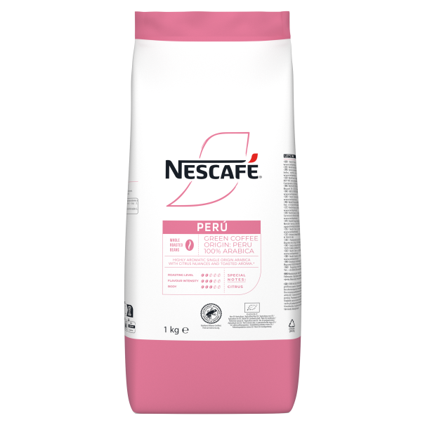 Nescafé Peru coffee package, 1 kg, featuring green coffee beans, 100% Arabica with citrus notes and aromatic profile