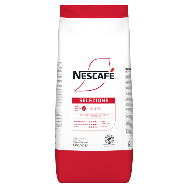 Nescafé Selezione coffee bag, 1 kg, featuring a red and white design, labeled as a medium body blend with woody and fruity
