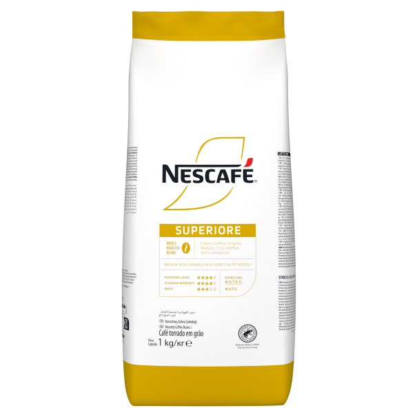 A 1 kg bag of NESCAFÉ Superiore coffee, featuring whole roasted beans, with notes of nuts and a medium body.