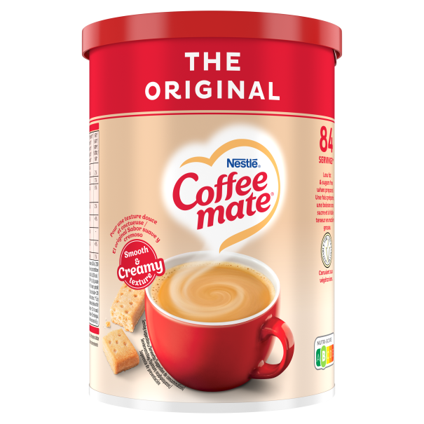 Container of Nestlé Coffee mate original coffee creamer with red cup of coffee and biscuit pieces on label.