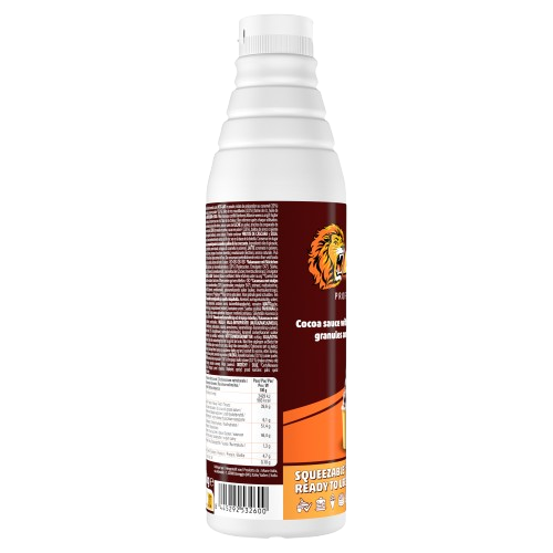 Bottle of squeezeable cocoa sauce with granules, featuring a lion logo and nutritional information on the label.