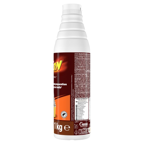 White plastic bottle of Nestlé dessert preparation mix with brown and orange label, 1 kg size, and nutritional information on