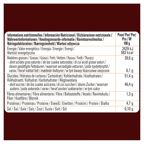 Nutritional information per 100g: 583 kcal, 39.6g fat (6.1g saturated), 51.4g carbs (46.4g sugars), 1.3g fiber, 4.7g protein,
