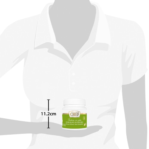 Person in white shirt holding a small container labeled "Chef" with an 11.2 cm height measurement indicated.