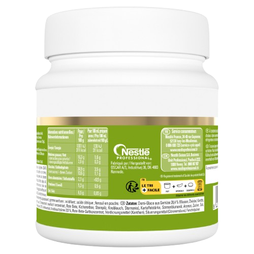 White container of Nestlé Professional powdered product with nutritional facts and ingredients in French on the label.