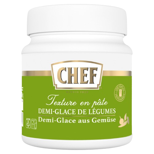 Jar of CHEF brand vegetable demi-glace paste with green label and white lid, bilingual French and German text.