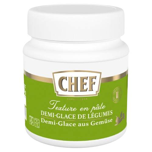Jar of CHEF brand vegetable demi-glace paste with green label and white lid, bilingual French and German text.